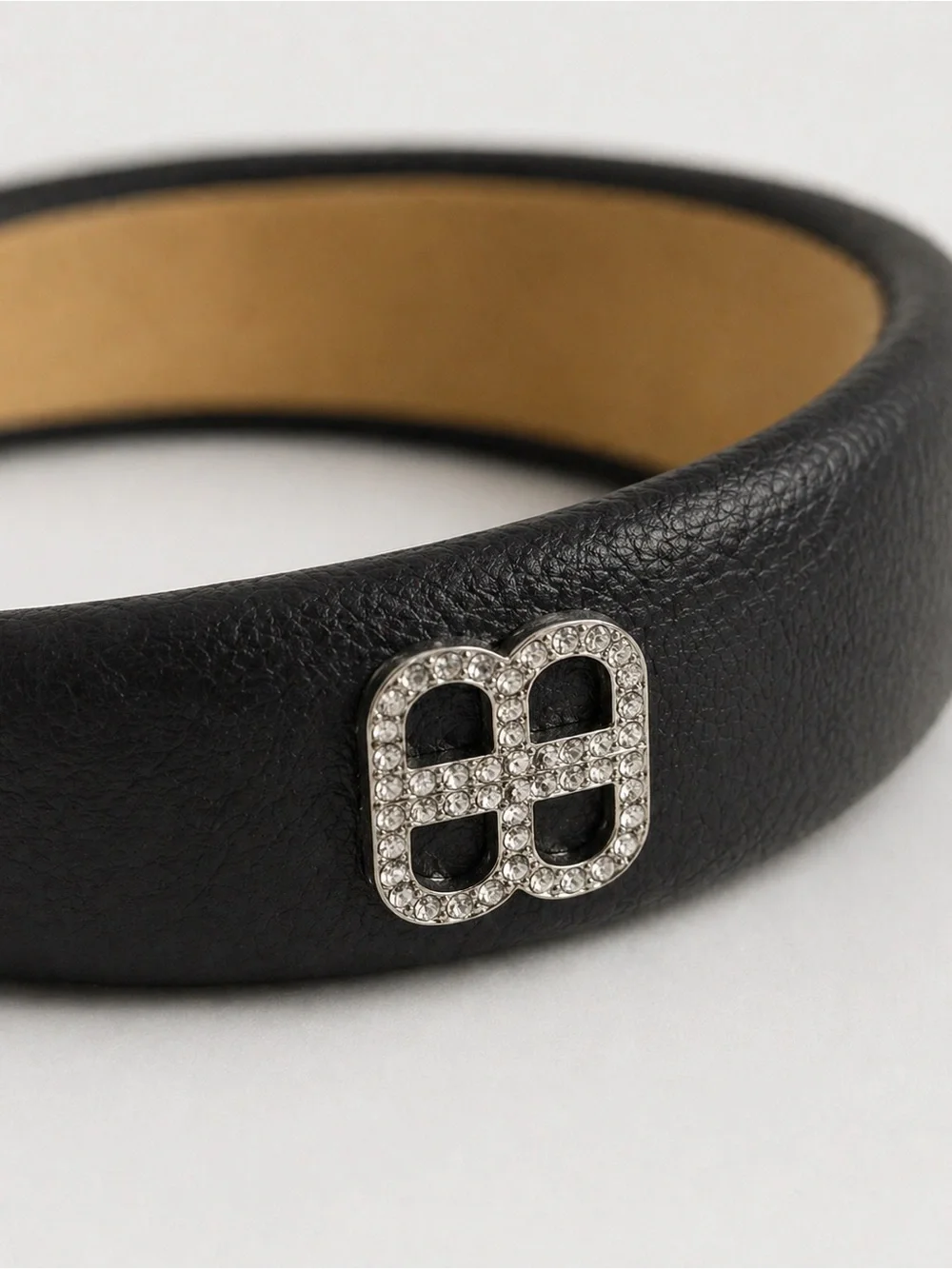 Balenciaga Black Leather Padded Headband with Crystal BB Emblem